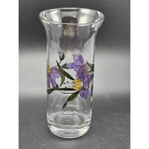 Vintage Hand Painted Passion Flower Glass Vase Faux Stained Glass Floral 8.75"